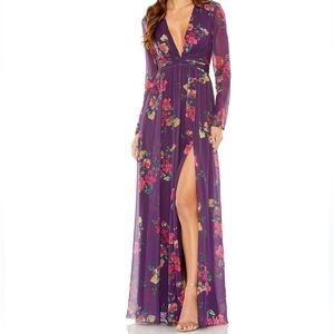 Mac Duggal Purple floral maxi Gown with Slit and Bishop Sleeves‎